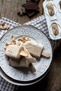 Homemade ice cream pops with peanut butter and chocolate flavor. Summer refreshment, healthy dessert. Close up Royalty Free Stock Photo