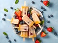 Ice cream popsicles with fruit, berries and mint, top view, flat lay. Summer dessert, frozen fruit juice. Colorful popsicles with Royalty Free Stock Photo