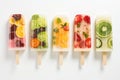 ice cream popsicles with fruits and berries on white background, top view, Set of fruit popsicles, AI Generated Royalty Free Stock Photo