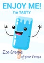 Ice Cream poster with cute ice cream character with face and hands, vertical banner, Ice cream of your Dream