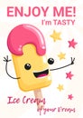 Ice Cream poster with cute ice cream character with face and hands, vertical banner, Ice cream of your Dream