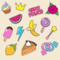 Ice cream, princess crown and candy lollipop stickers. Vector girl fashion patches