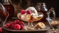 ice cream with raspberries and honey in a glass vase Royalty Free Stock Photo