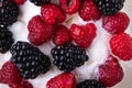 Ice cream with raspberry and blackberry berries, milk, frosty, texture, top view Royalty Free Stock Photo