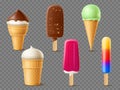 Ice cream. Realistic milk dessert, cold yogurt, summer frozen juice, sweet food, vanilla, mint and chocolate, waffle Royalty Free Stock Photo