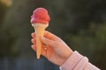 Ice cream red in waffle cone on bluer background. raspberry, strawberry or cherry frozen dessert, sorbet. girl holding cone of ice Royalty Free Stock Photo