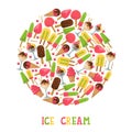 Ice cream round frame composition, vector illustration. Isolated icons, different kinds of gelato in various flavors