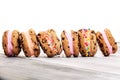 Ice cream sandwiches with strawberry and chocolate. Chocolate Chip Cookie Ice Cream Sandwich Royalty Free Stock Photo