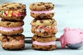 Ice cream sandwiches with strawberry and chocolate. Chocolate Chip Cookie Ice Cream Sandwich Royalty Free Stock Photo