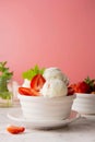 Ice cream scoop in bowl with fresh strawbery and mint. Delicious summer food treat, sweet dessert