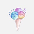 Ice cream scoop cartoon icon. Cute strawberry, bubble gum, orange scoops in ice cream cone, vector cartoon icon