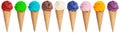 Ice cream scoop collection sundae cone in a row icecream summer Royalty Free Stock Photo