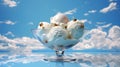 Ice cream scoop in front of blue sky. Summer holiday fresh frozen dessert in glass bowl. Vanilla white cream with