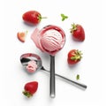 Ice cream scoop isolated on white background, top view image. Tasty strawberry desserts concept, closeup. Summer