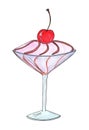 Ice cream scoop in a martini glass. Delicious dessert decorated with chockolate topping and cocktail cherry.