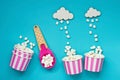 Ice cream scoop, paper cup and marshmallow, sweet dessert concept Royalty Free Stock Photo