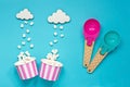 Ice cream scoop, paper cup and marshmallow, sweet dessert concept Royalty Free Stock Photo