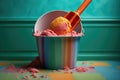 ice cream scoop sinking into a colorful sorbet tub