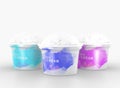 Ice cream scoops in color cups. Realistic set of plastic buckets in different flavors, containers with texture sundae