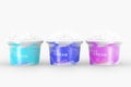 Ice cream scoops in cups 3d render. Realistic set of plastic or paper buckets, food containers isolated on white