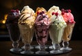 Ice cream scoops of different colors and flavors in a glass bowl