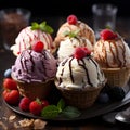 Ice cream scoops in waffle cones with berries and mint on wooden background