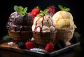 Ice cream scoops in waffle cones with berries and mint on wooden background