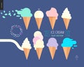 Ice cream scoops in waffle cones set on a dark blue background Royalty Free Stock Photo