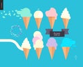 Ice cream scoops in waffle cones set on a light blue background Royalty Free Stock Photo