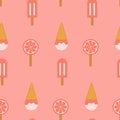 Ice cream seamless pattern. A ball of vanilla ice cream with syrup in a waffle cone and orange ice. Design for fabric, textile Royalty Free Stock Photo