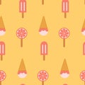 Ice cream seamless pattern. A ball of vanilla ice cream with syrup and orange ice citrus sorbet. Design for fabric, textile print