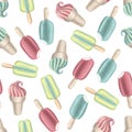 Ice cream seamless pattern. Colorful popsicles, digital illustration. Royalty Free Stock Photo