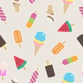 Ice cream seamless pattern cone waffle cup chocolate vanilla watermelon sweet candy vector isolated background wallpaper Royalty Free Stock Photo