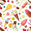 Ice cream seamless pattern. Vanilla sundae with caramel topping. Frozen yogurt, fruit ice popsicles. Cold summer Royalty Free Stock Photo