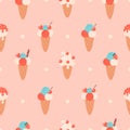 Ice cream seamless pattern. Vanilla ice cream in waffle cone with cherry. Hand drawn vector ilustration Royalty Free Stock Photo