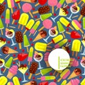 Ice cream seamless pattern, vector illustration. Colorful gelato, scoops in wafer cone or in glass bowl, frozen ice