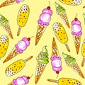 Melting icecream seamless pattern on yellow background.