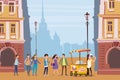 Ice cream seller, cart, outdoor composition, city, with male and female characters, teenagers standing in line for ice Royalty Free Stock Photo