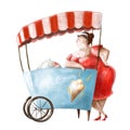 ice cream seller with cart, summer watercolor illustration, fanny cartoon character, food clipart