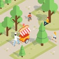 Ice cream seller rolls trolley through the park