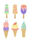 Ice cream set. Colorful bright cone, popsicle, soft serve, stick. Ice cream. Cartoon, flat, vector