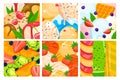 Ice cream set, delicious dessert, refreshing summer food, delicious frozen fruits, design in cartoon style, vector Royalty Free Stock Photo