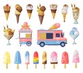 Ice Cream Set, Fresh Cold Sweet Tasty Desserts, Waffle Cones, Popsicles and Ice Cream Vendor Truck Cartoon Vector