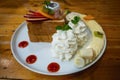 Ice cream set with honey toast set on white dish put on wood table Royalty Free Stock Photo