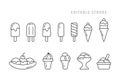 Ice cream set. Linear icon of different types. Eskimo pie, popsicle, waffle cone, ice lolly, banana split, twister, bowl. Black