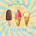 Ice cream set. Popsicles and cones, decoration and colors. Vector, isolated Royalty Free Stock Photo