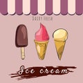 Ice cream set. Popsicles and cones, decoration and colors. Vector, isolated Royalty Free Stock Photo