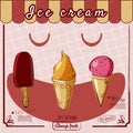 Ice cream set. Popsicles and cones, decoration and colors. Vector, isolated Royalty Free Stock Photo