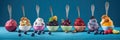 Ice Cream, Set of ice cream scoops of different colors and flavours with berries, nuts and fruits decoration on blue background. Royalty Free Stock Photo