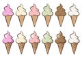 ice cream - set of soft serve ice creams with different flavours in a cone, color vector illustration isolated on white Royalty Free Stock Photo